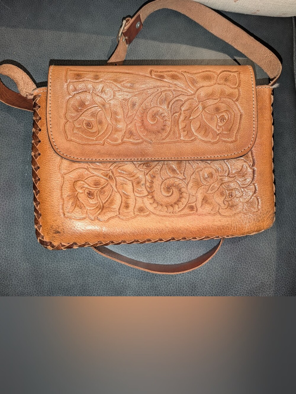 Hand-Tooled Floral Leather Crossbody Bag - Tan